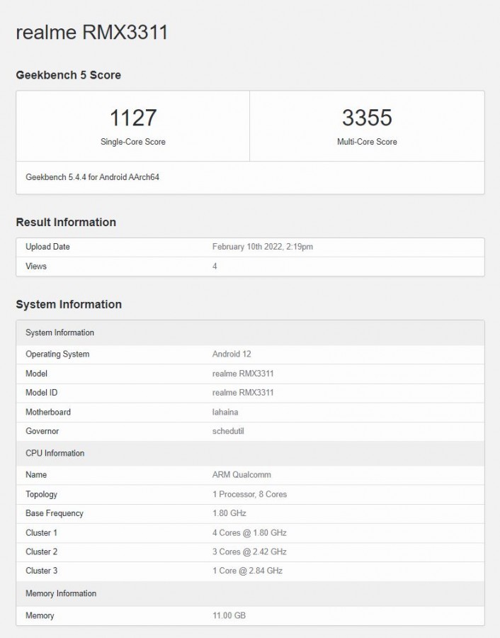 Realme หมายเลข RMX3311 ได้มีการทดสอบประสิทธิภาพบน Geekbench